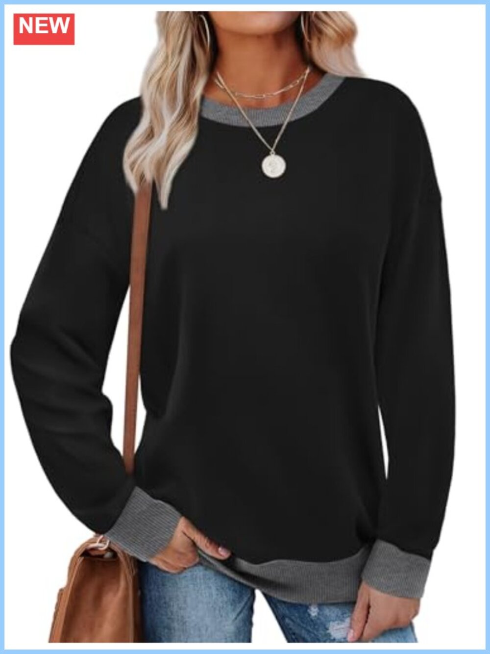 Women's Crewneck Long Sleeve Pullover Sweatshirt Loose Fit Color Block Ribbed